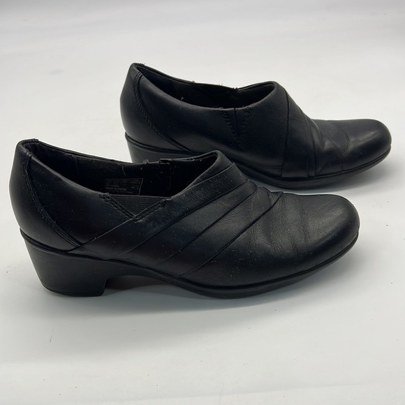 Clarks Shoes - Clarks Black Leather Slip on Shoes with 2 inch Wedge Style Heel size 6.5